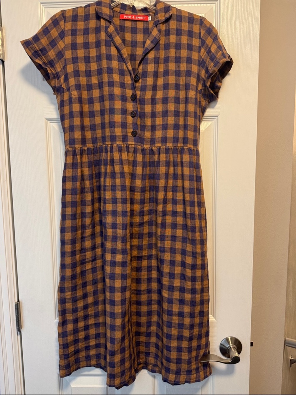 Pyne & Smith No. 30 Linen Midi Blue/Tan Checkered Dress Modest XS